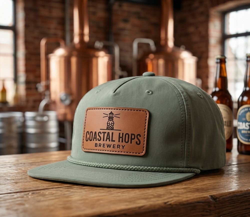 Custom navy trucker hat with laser-engraved leather patch on warm wood