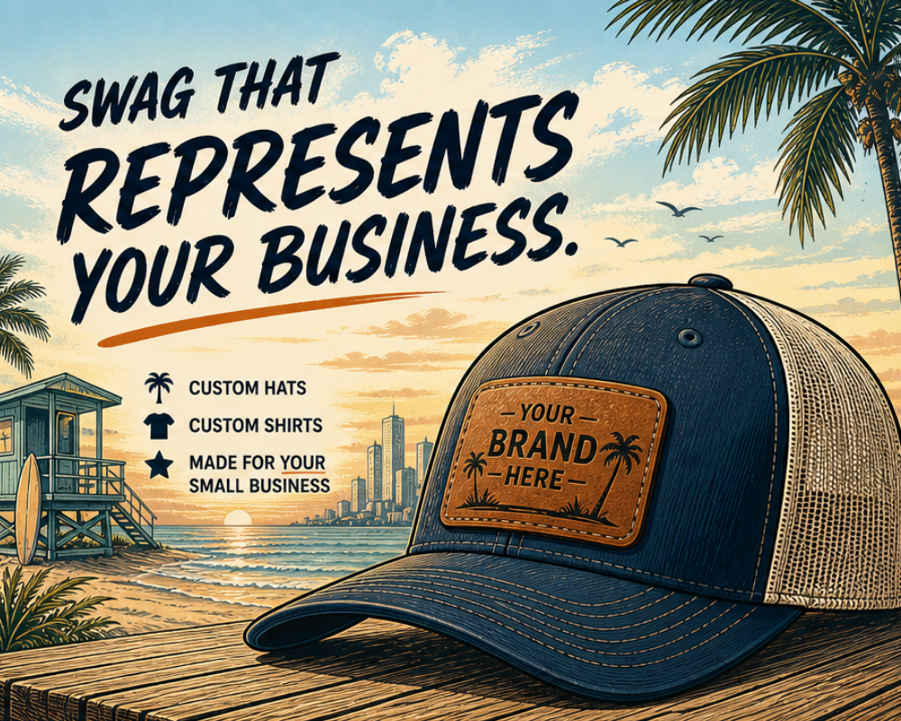 Navy trucker hat with laser engraved leather patch on a coastal boardwalk at sunset